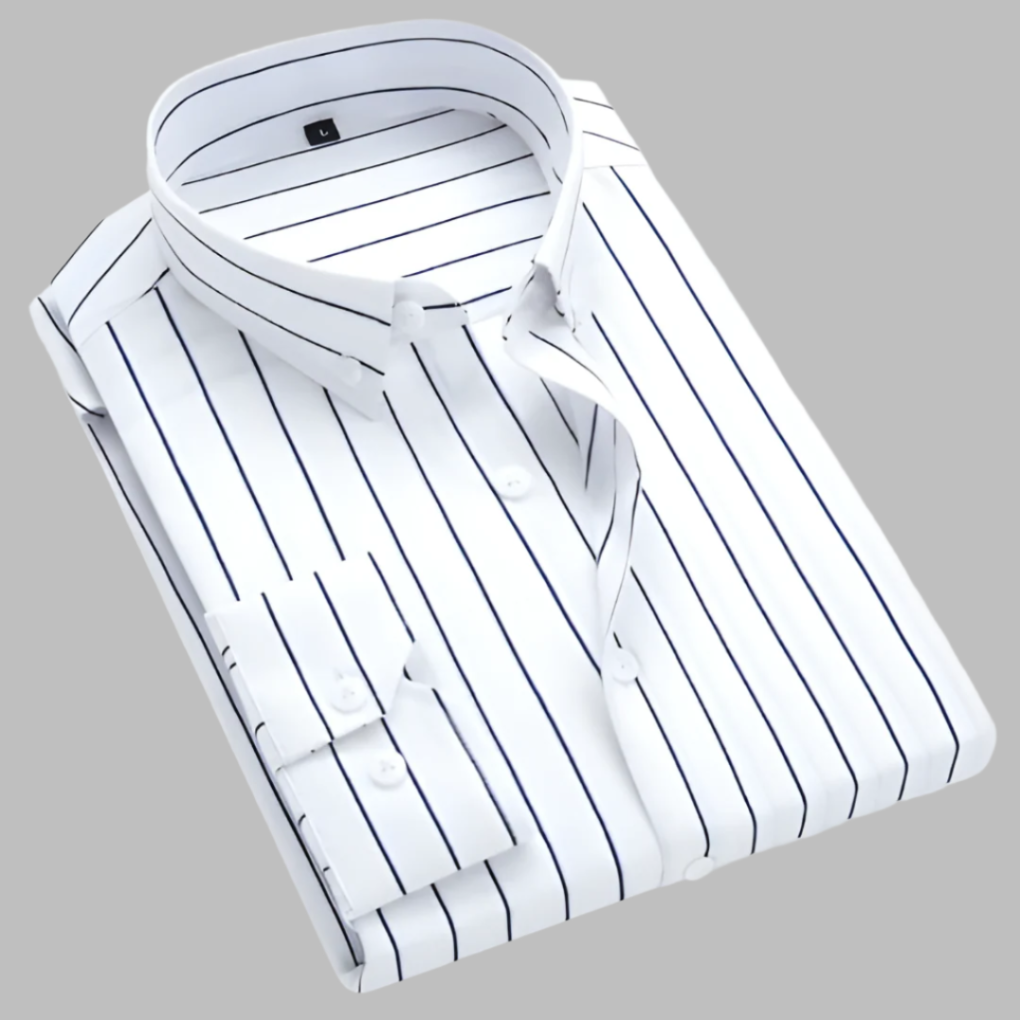 Chemise boutonnée homme rayée classique, style polyvalent. Vêtement homme élégant pour bureau ou look décontracté.