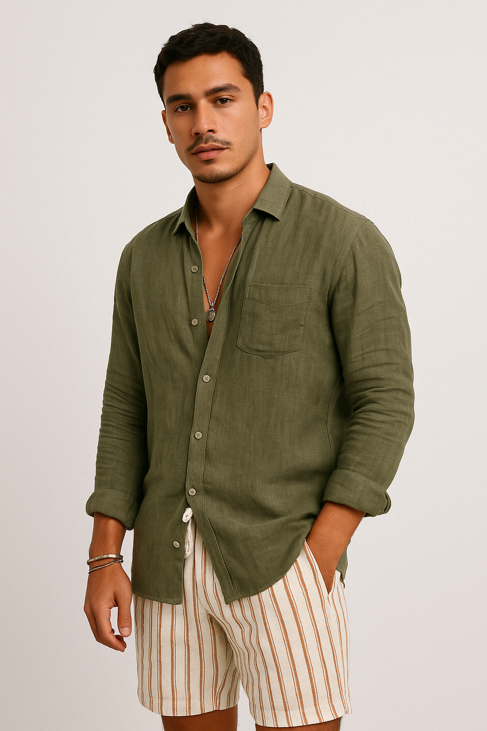Chemise casual homme polyvalente à manches longues, parfaite pour printemps/été, alliant confort et élégance.