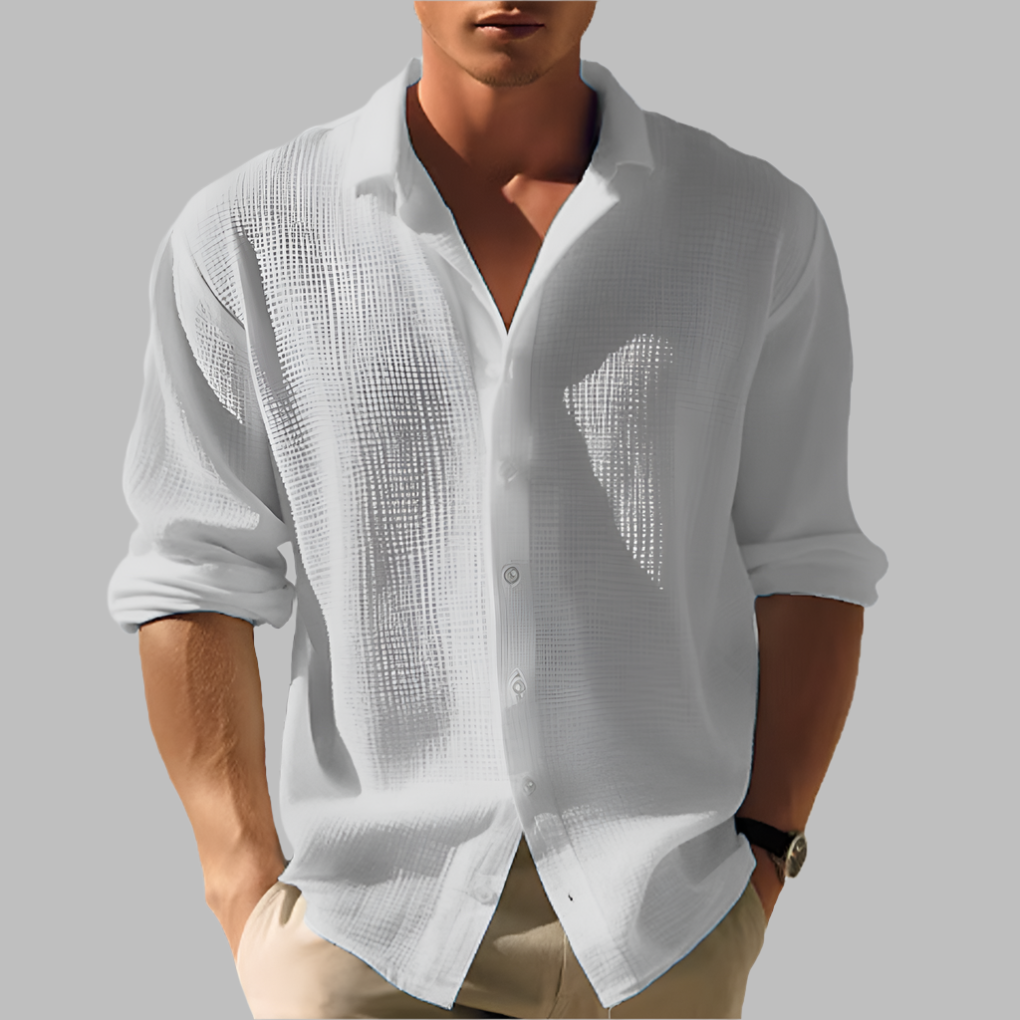 Chemise homme moderne texturée, col officier, style décontracté, manches longues pour un look frais et tendance.