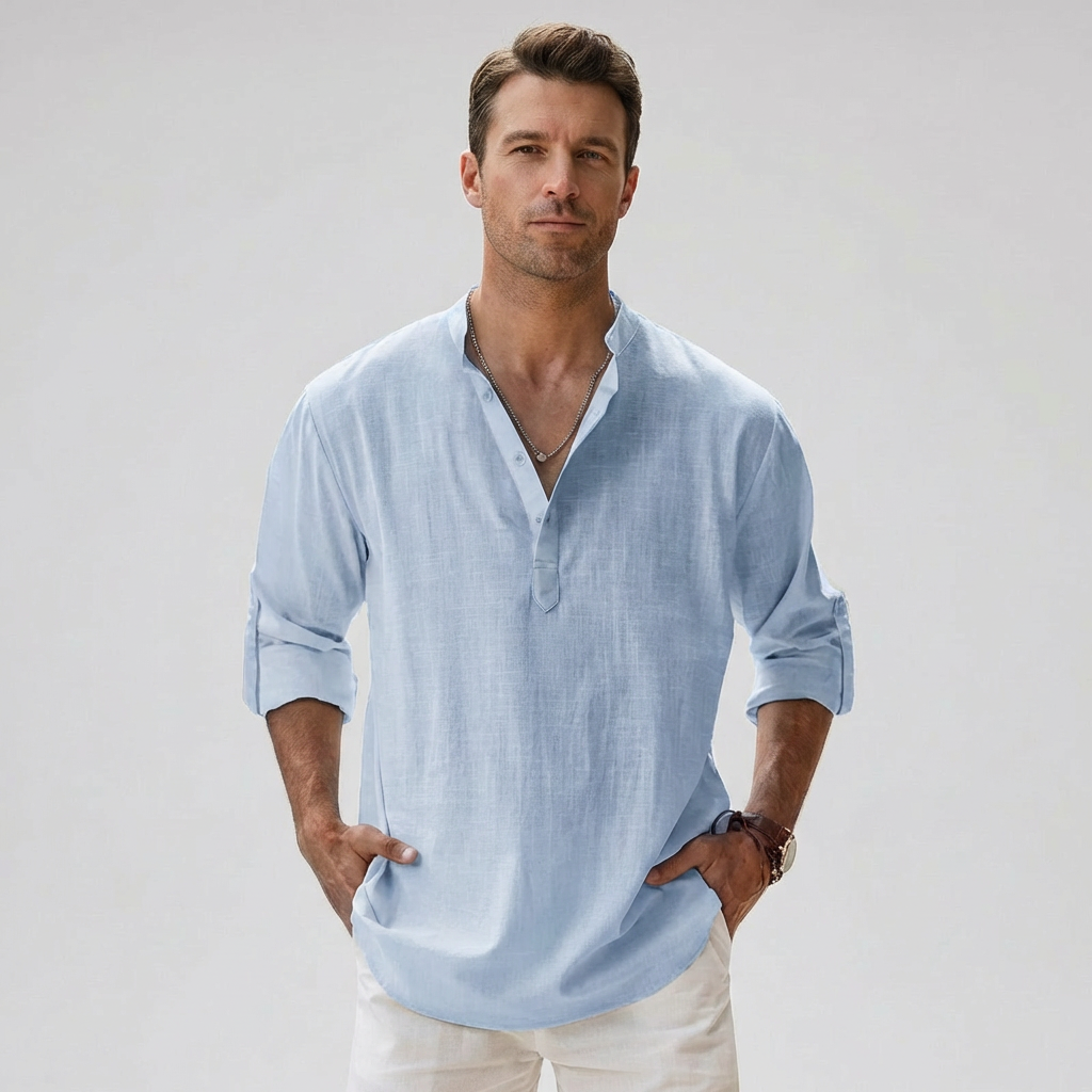Chemise Henley décontractée homme, col boutonné élégant, manches courtes. Parfaite pour l'été.