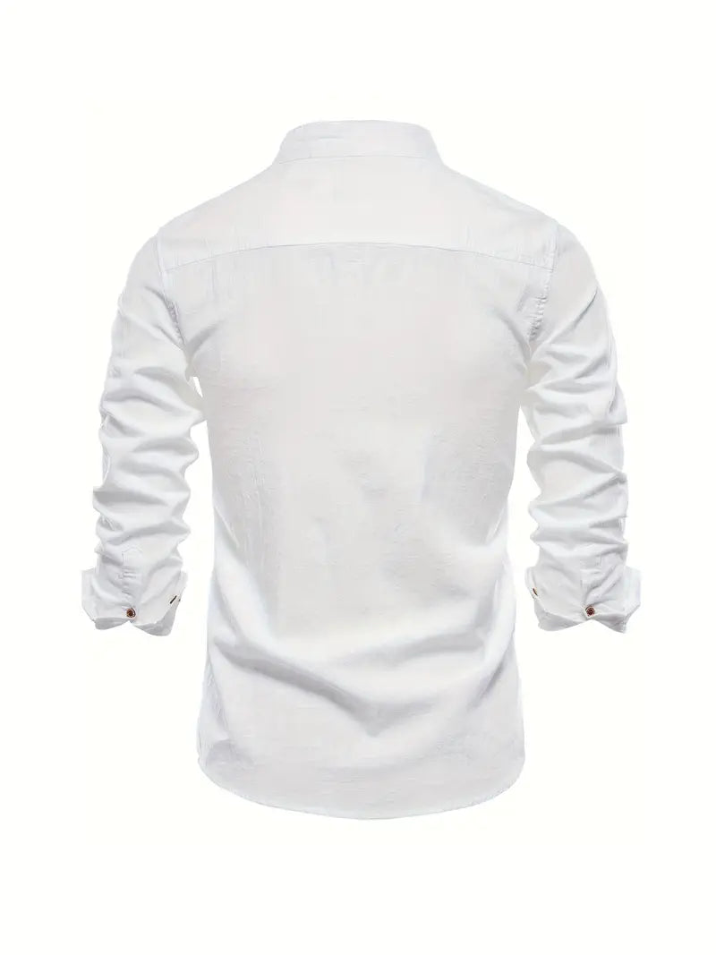 Chemise homme col mao, manches longues. Parfaite pour une tenue semi-formelle ou un look décontracté stylé.