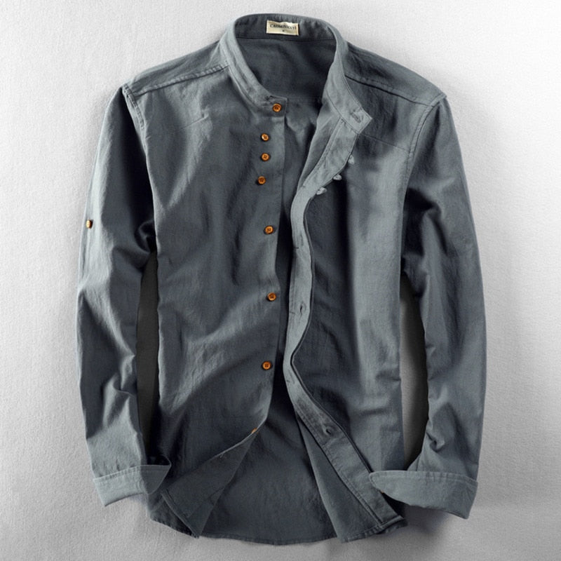 Chemise homme décontractée col mao, manches longues, confortable pour un style masculin actuel et tendance.
