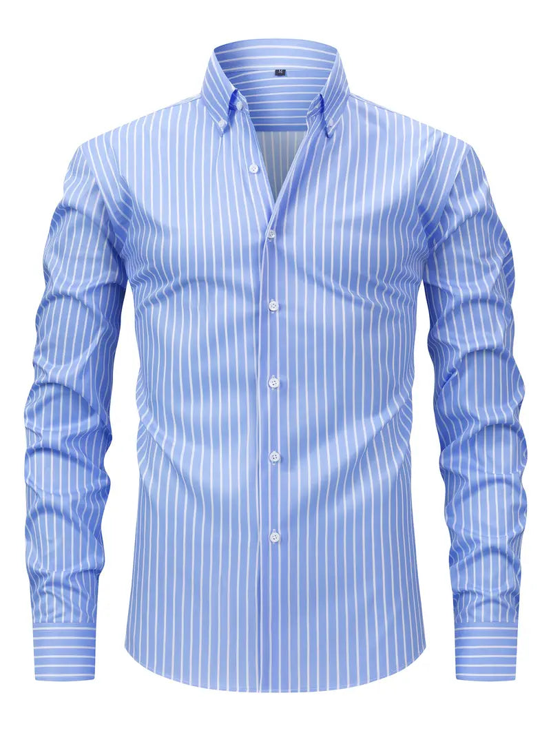 Chemise homme à manches longues rayée, style moderne et élégant. Idéale pour le bureau ou look décontracté chic.