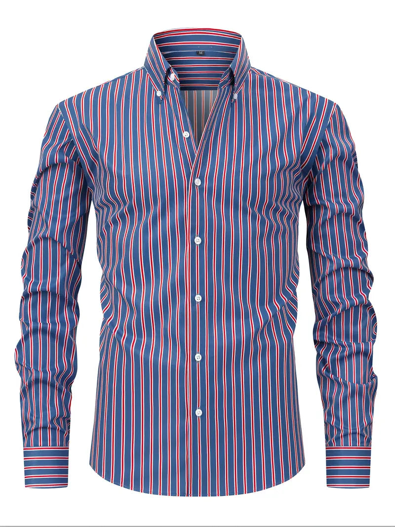 Gros plan sur chemise homme rayée à manches longues, montrant texture et détails de la mode masculine.