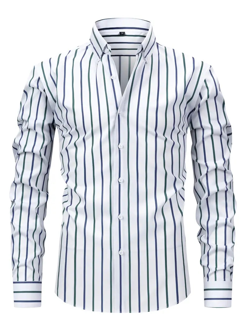 Homme portant une chemise rayée moderne à manches longues, pour une élégance formelle ou un style décontracté.