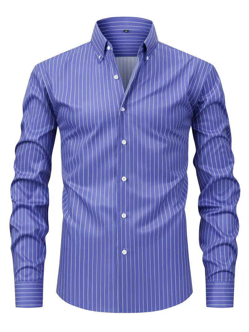 Chemise homme rayée, manches longues. Design contemporain, alliant confort et élégance pour un look moderne.