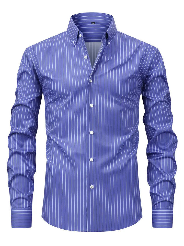 Chemise homme rayée, manches longues. Design contemporain, alliant confort et élégance pour un look moderne.