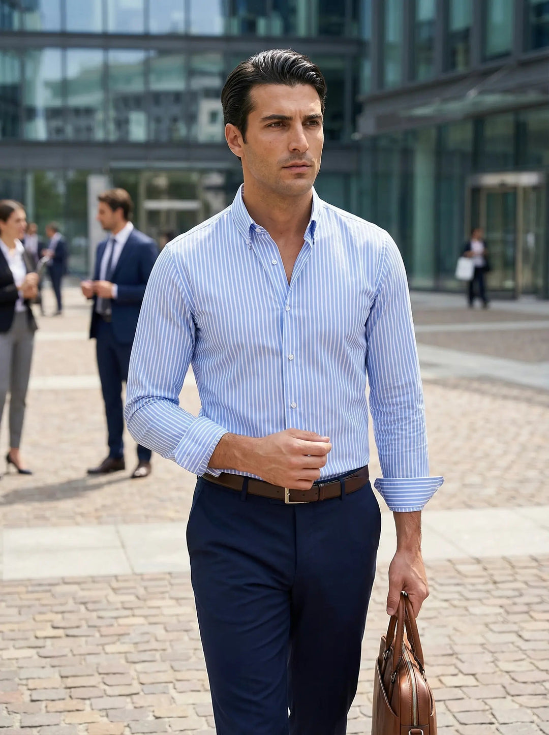Détail du col boutonné et des poignets d'une chemise homme rayée à manches longues, finition soignée.