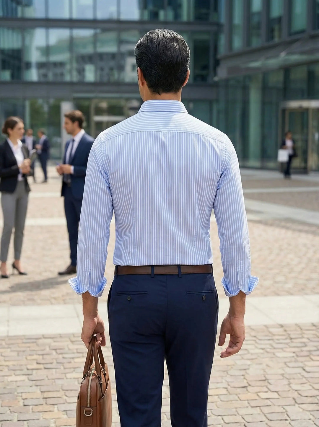 Chemise homme rayée polyvalente, manches longues. Parfaite pour un look de mode masculine décontracté ou formel.