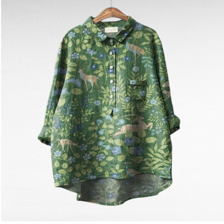 Chemise boutonnée imprimée florale, longueur chic, coupe ample et confortable pour femmes.