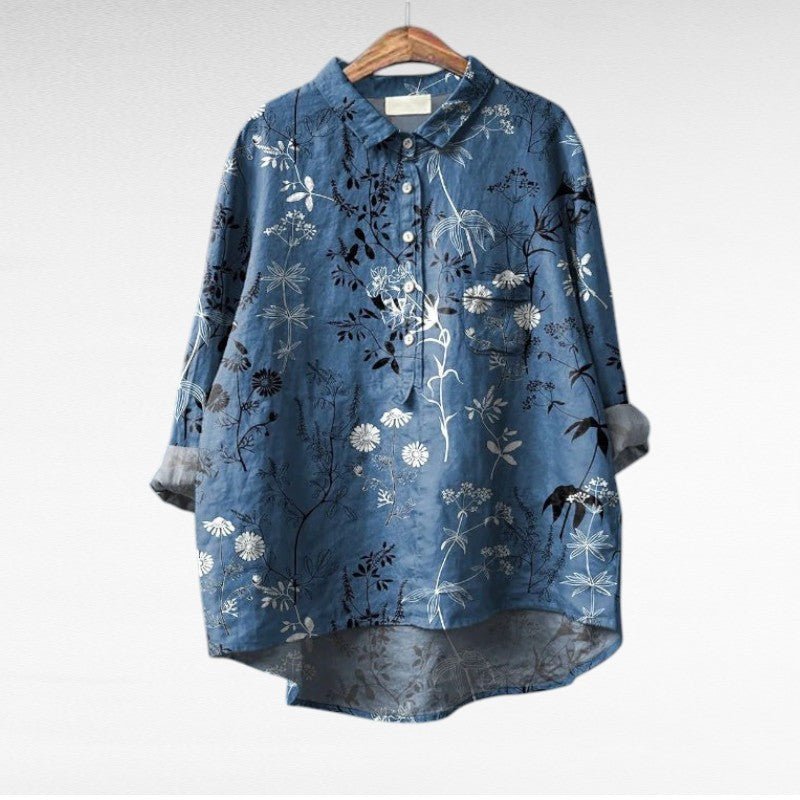 Chemise boutonnée femme à imprimé floral, longue et élégante, parfaite pour un look décontracté chic.