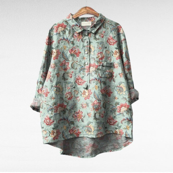 Chemise femme boutonnée à imprimé floral, style chic et décontracté, manches longues.