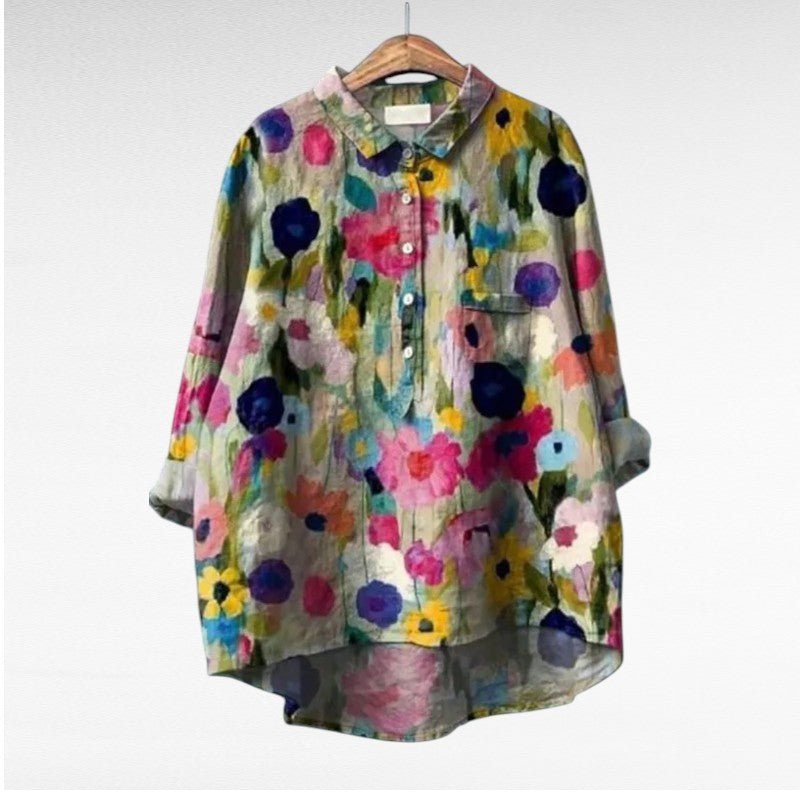 Chemise florale longue femme, décontractée mais élégante, parfaite pour le printemps. Manches longues.