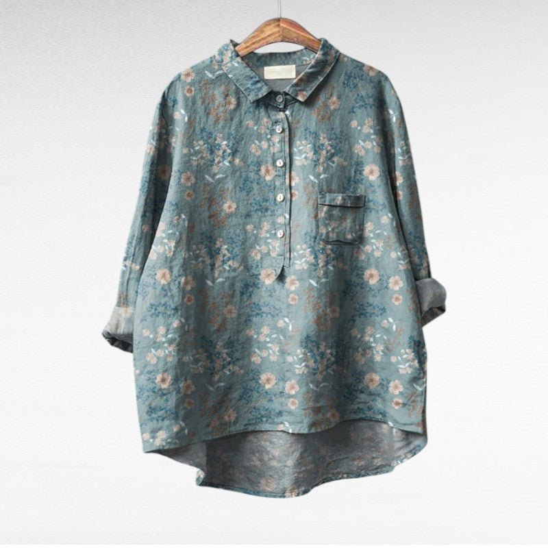Chemise longue pour femmes, motifs floraux colorés, coupe ample et fluide. Style printemps-été.