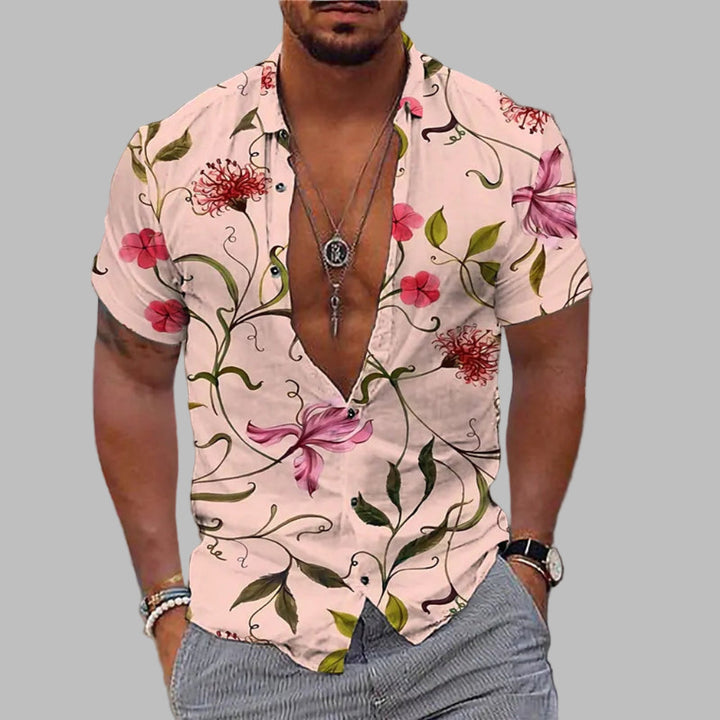 Chemise homme imprimée style estival, coupe droite décontractée. Vêtement léger idéal pour mode plage et confort été.