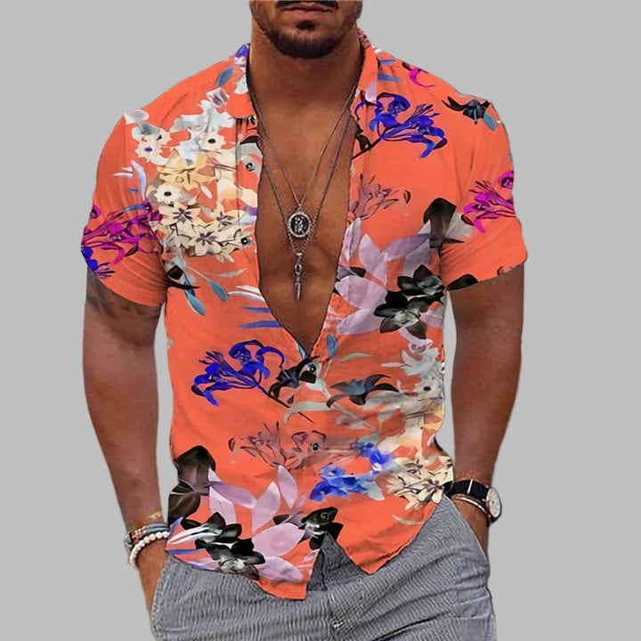 Chemise homme casual à imprimé audacieux, vêtement décontracté polyvalent. Confort été garanti, parfaite pour la plage.
