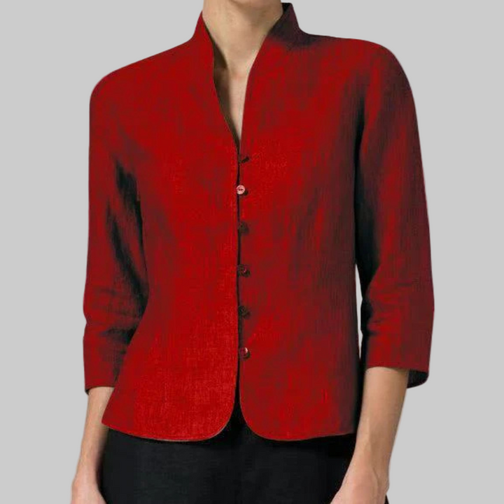 Chemisier élégant femme à col montant, manches 3/4, idéal pour le bureau ou look chic et raffiné.
