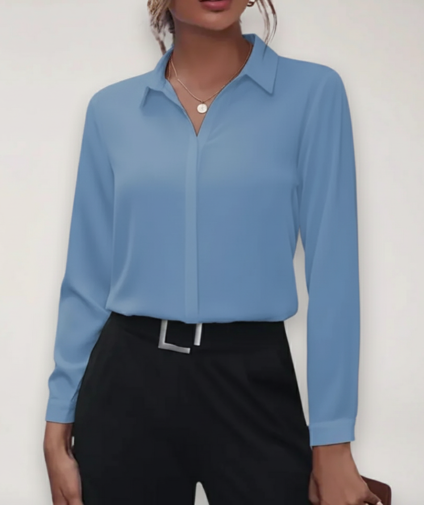 Chemisier femme mode à manches longues boutonné, coupe élégante. Idéal pour le bureau ou un style décontracté chic.