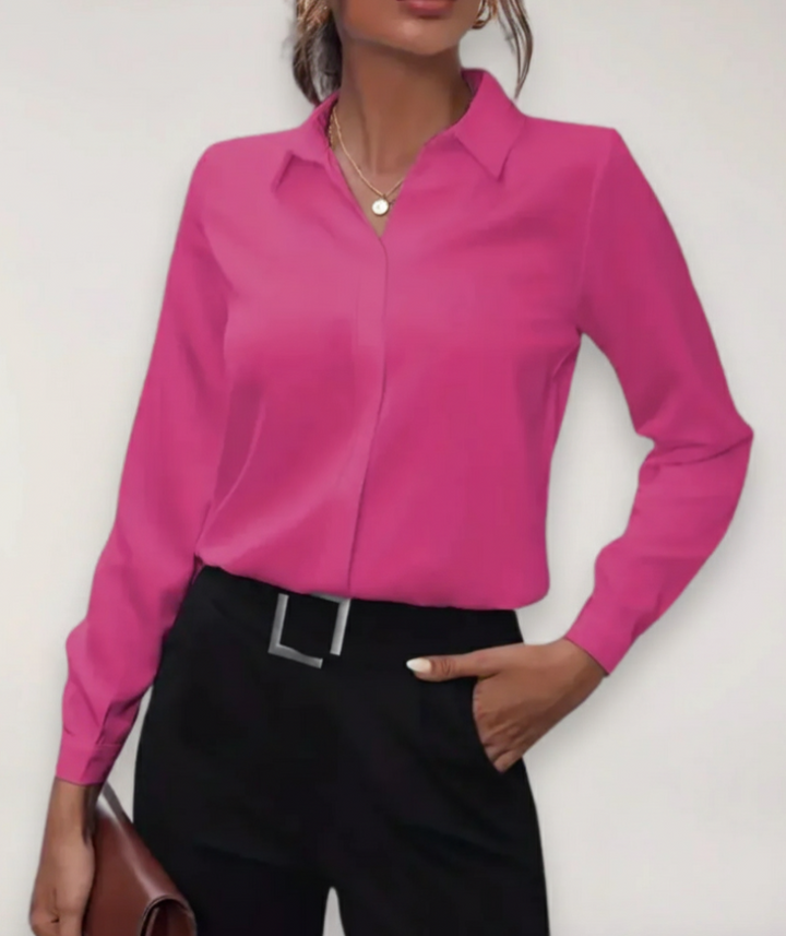 Haut femme élégant polyvalent à manches longues boutonné, col en pointe. Parfait pour bureau ou look décontracté.