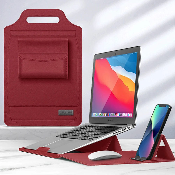 Housse-support élégante pour ordinateur portable dans un environnement de bureau moderne. Accessoire pour travail nomade.