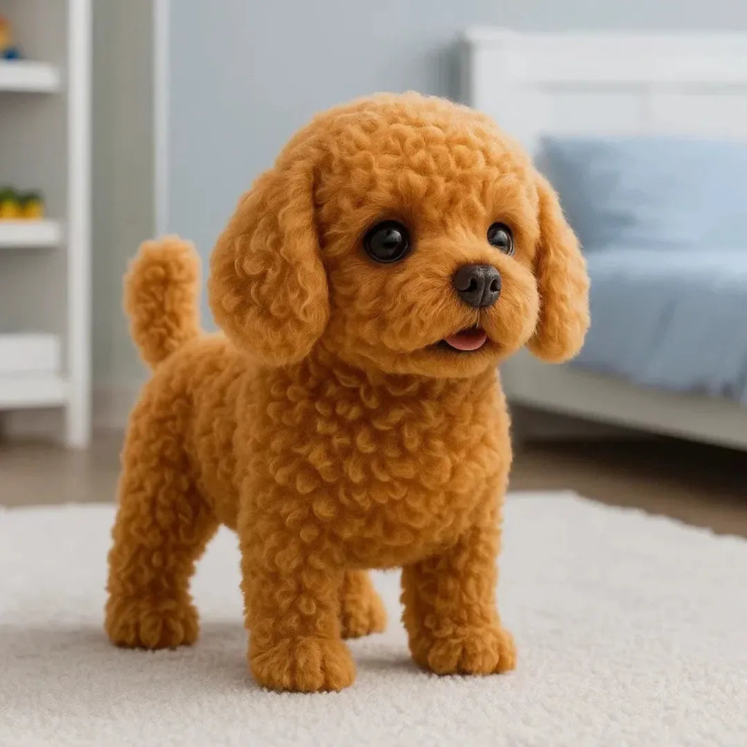 Chien en peluche animé réaliste, décoration chambre enfant. Idée cadeau originale, jouet interactif doux.