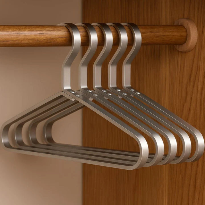Lot de 4 cintres slimline dorés en aluminium, parfaits pour l'organisation de votre dressing.