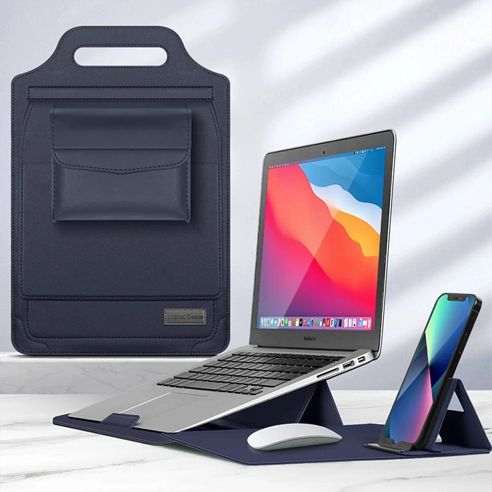 Housse élégante et fine protégeant l'ordinateur portable fermé, prête pour le transport. Sacoche minimaliste et chic.