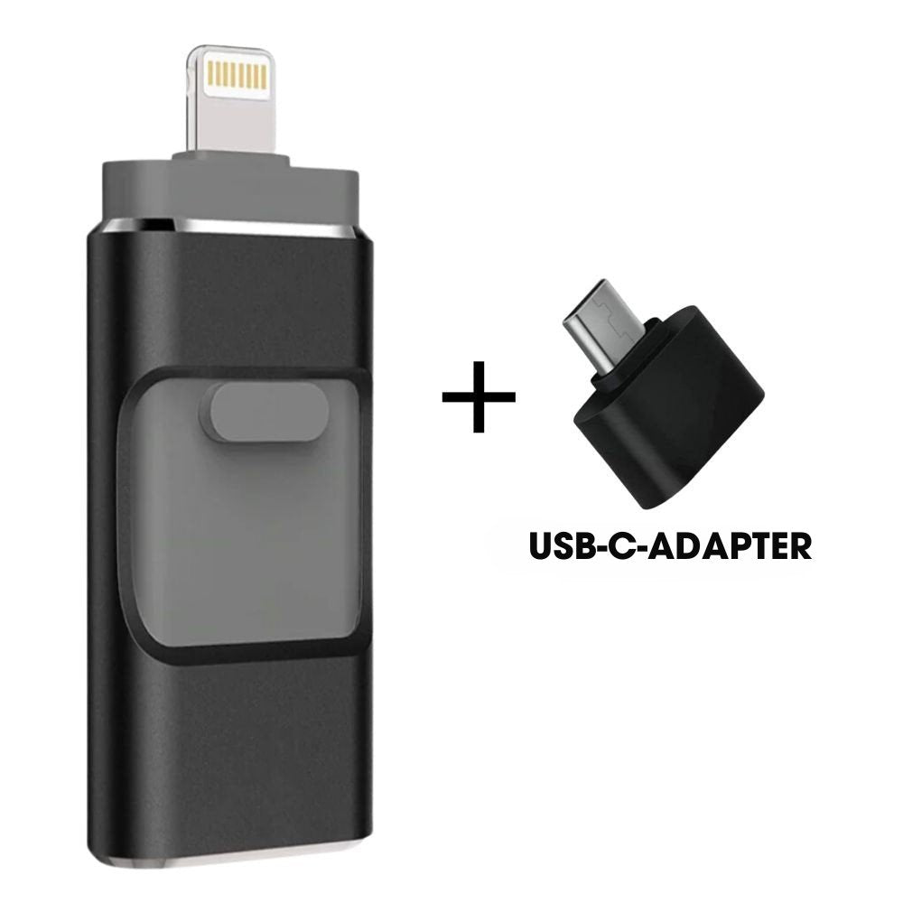 Clé USB universelle 4-en-1 pour iPhone, Android et PC. Transfert rapide de fichiers et données.