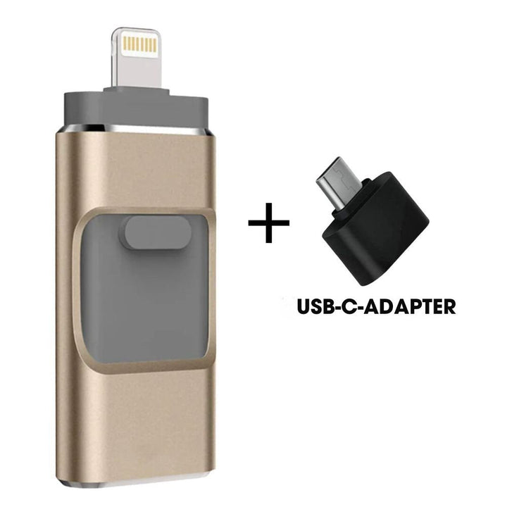 Clé USB iPhone avec connecteur Lightning pour transfert rapide et stockage de photos, vidéos et données.