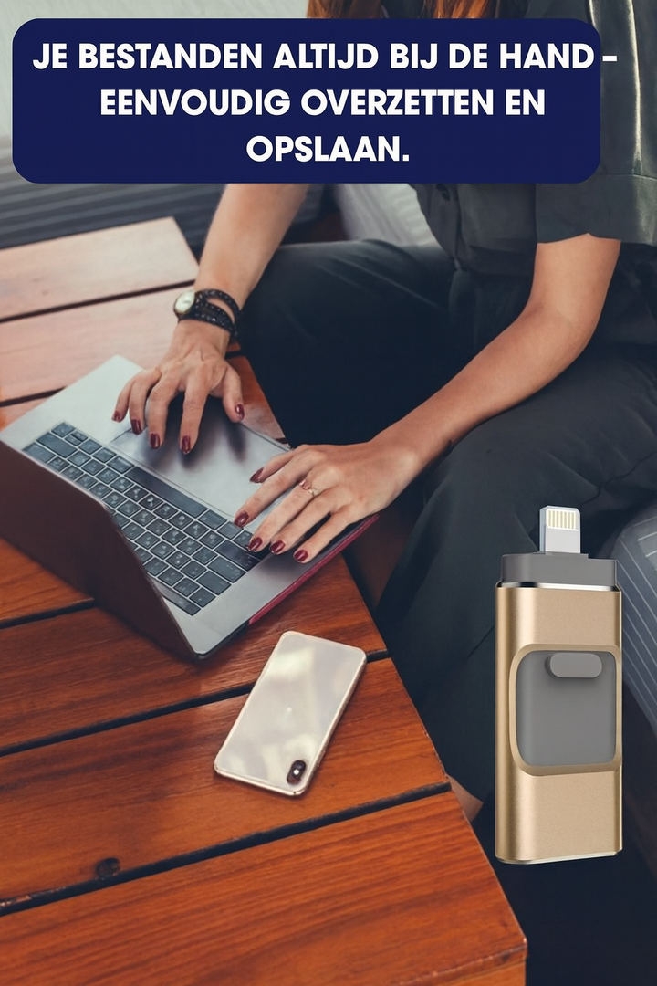 Dispositif de stockage USB universel. Transfert rapide et sécurisé de données entre iPhone, Android et PC.