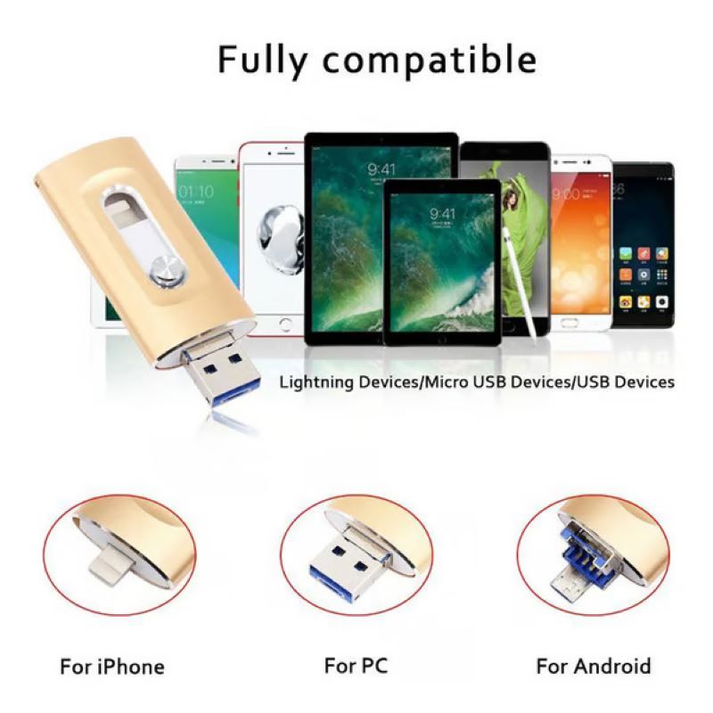 Clé USB 3.0 haute vitesse, stockage mémoire flash universel 3-en-1. Compatible PC, smartphone et tablette. Robuste.