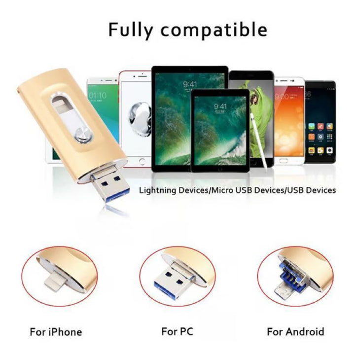 Clé USB 3.0 haute vitesse, stockage mémoire flash universel 3-en-1. Compatible PC, smartphone et tablette. Robuste.