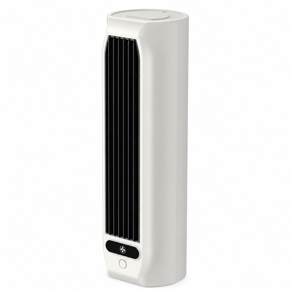 Petit rafraîchisseur d'air mini ventilateur rechargeable beige, idéal pour le confort en été.