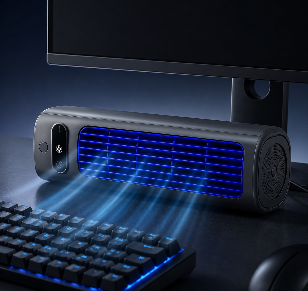 Rafraîchisseur d'air portable rechargeable pour soulager la chaleur de l'été, couleur grise élégante.