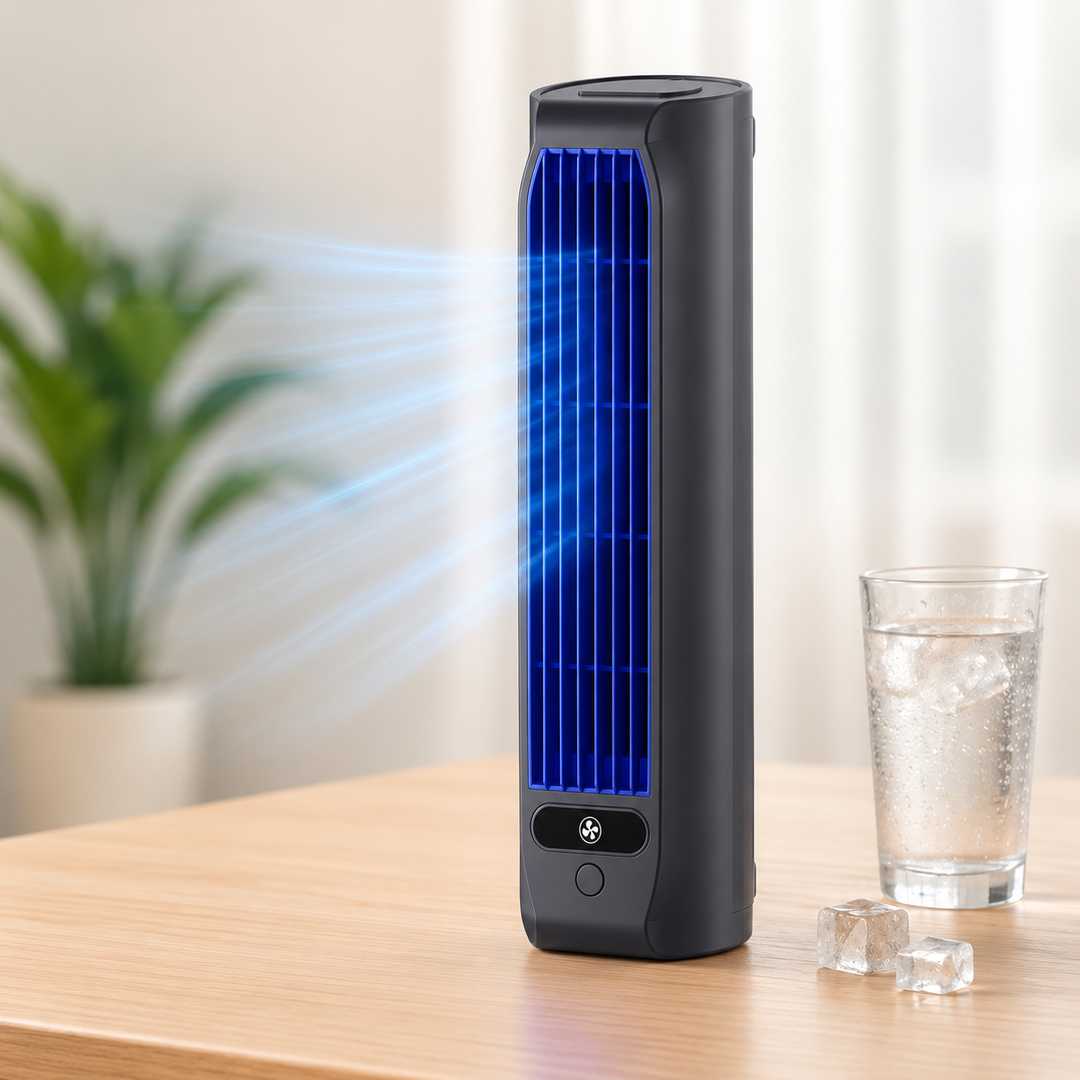 Mini climatiseur rafraîchisseur d'air rechargeable portable beige, confort optimal pour l'été.