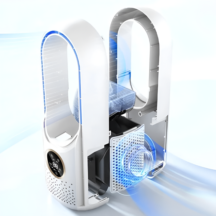 Design compact du ventilateur rafraîchisseur portable, s'intègre discrètement au bureau ou à la maison. Offre un air frais et pur.
