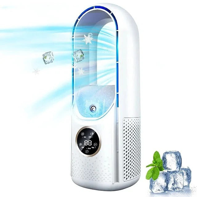 Climatiseur sans pales blanc/bleu, compact et silencieux, parfait pour bureau ou chambre à la maison.