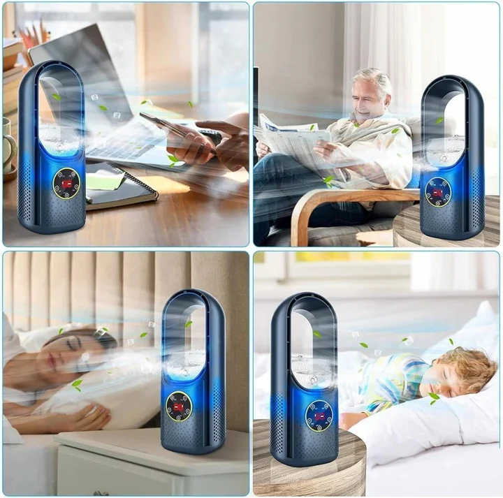 Climatiseur portable sans pales, silencieux, blanc/bleu, idéal maison/bureau, économie d'énergie pour l'été.