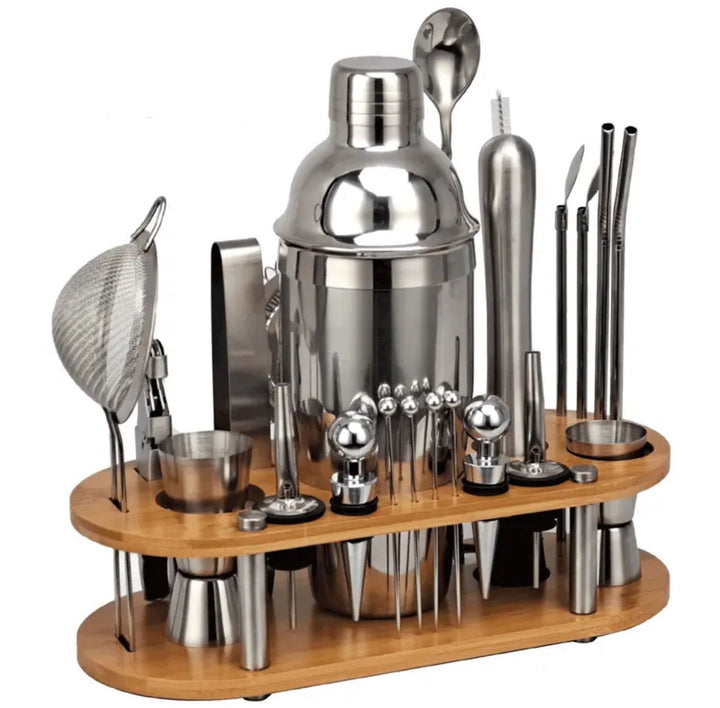 Kit barman professionnel 23 ustensiles, incluant shaker et jigger, idéal pour la maison, fêtes et cadeaux.