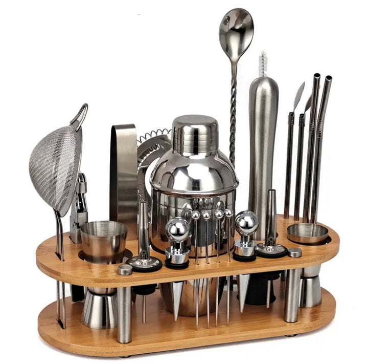 Set de Barman Complet 23 Pièces en acier inoxydable pour créer des cocktails maison élégants et professionnels.