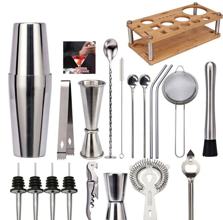 Ustensiles de mixologie premium 23 pièces pour cocktails: shaker, passoire, pilon. Parfait pour les barmans.