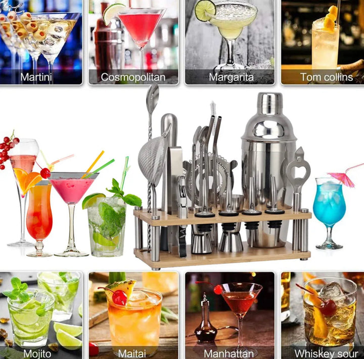 Outils de bar en acier inoxydable, set 23 pièces pour mixer et servir cocktails. Le cadeau parfait pour passionnés.