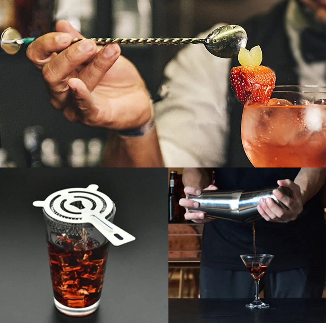 Présentation du set de barman complet 23 pièces pour cocktails. Un kit indispensable pour les amateurs de mixologie.