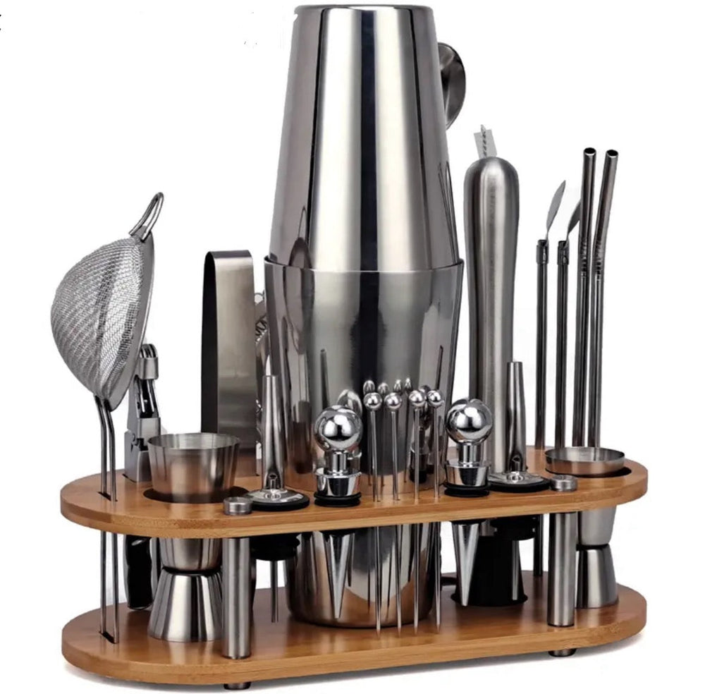 Accessoires de bar en acier inoxydable, kit de mixologie 23 pièces, parfait pour shakers cocktails et boissons.