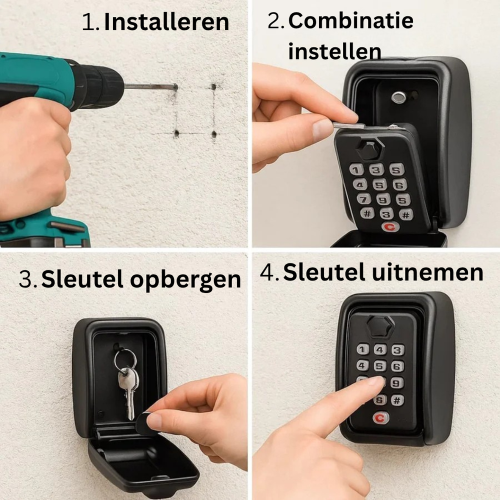Coffre-fort mural à code pour clés, accès sécurisé maison/bureau, résistant aux intempéries.