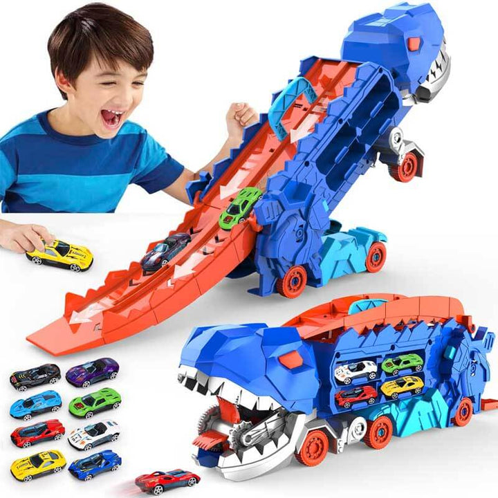 Camion jouet dinosaure transformable pour enfants, s'ouvrant en pistes de course excitantes.
