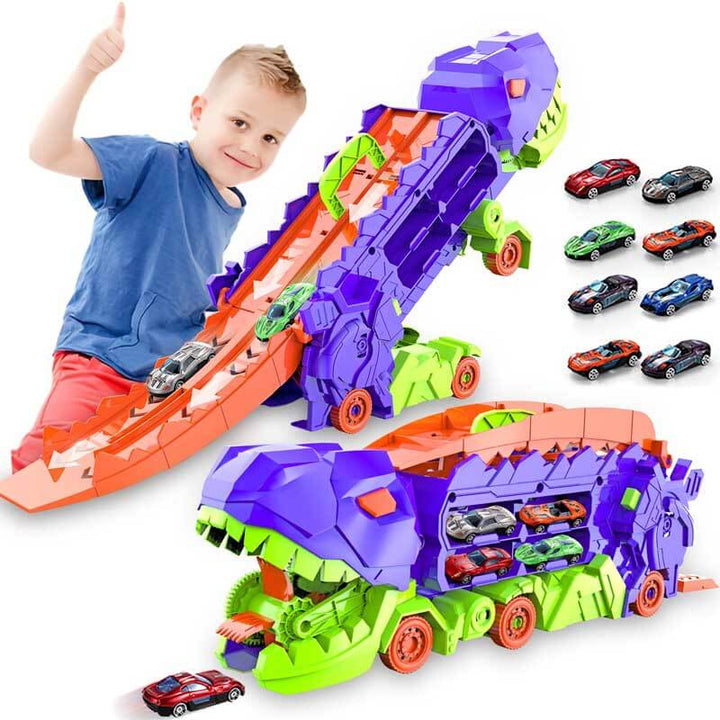 Jeu pour enfants: camion dinosaure transformable en pistes de course, promettant du jeu créatif.
