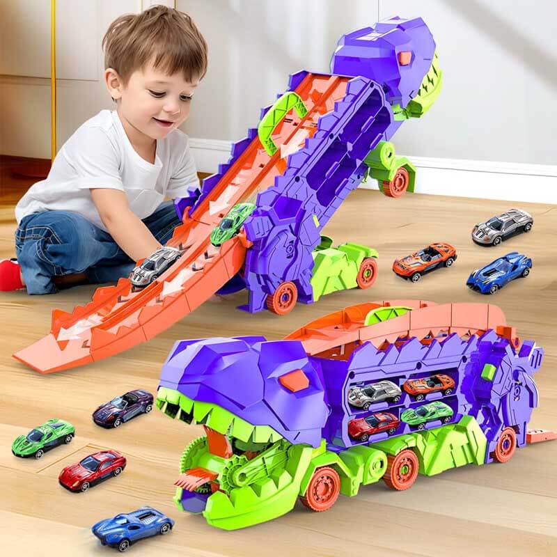 Ce jouet transformable combine un camion dinosaure et des pistes de course pour jeu créatif.