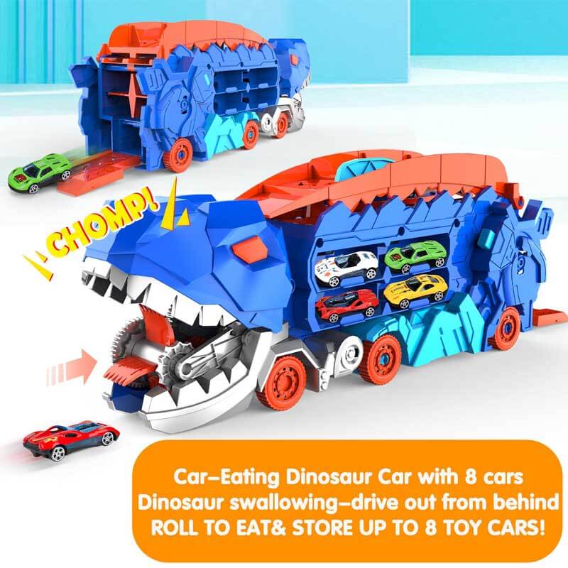Aventure préhistorique: un camion jouet dinosaure transformable avec pistes de course intégrées.