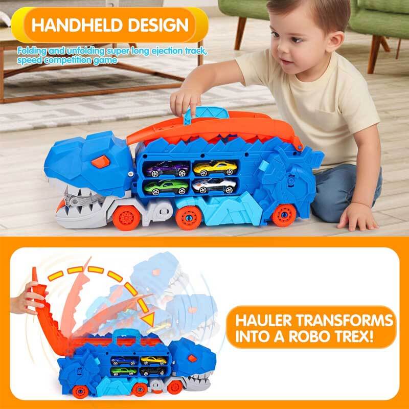 Cadeau enfant idéal: camion dinosaure transformable en jeu de pistes de course passionnant.